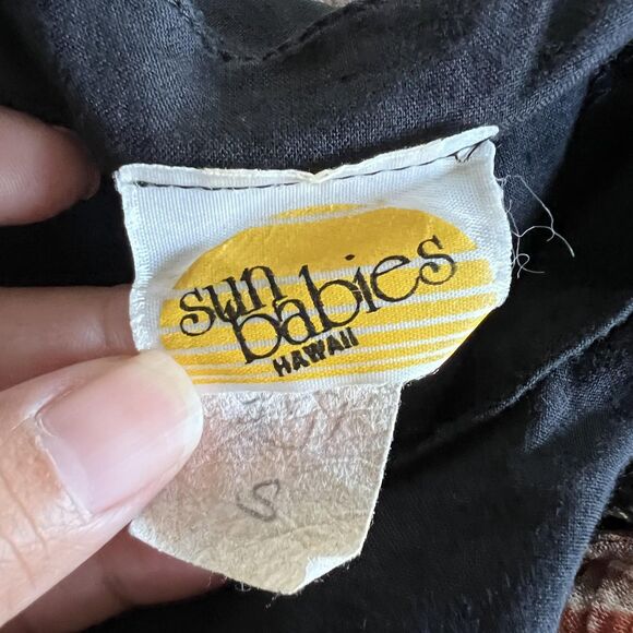 VINTAGE Sun Babies Hawaii Dress Womens Small Black Floral Patchwork Midi 90s - Picture 8 of 13